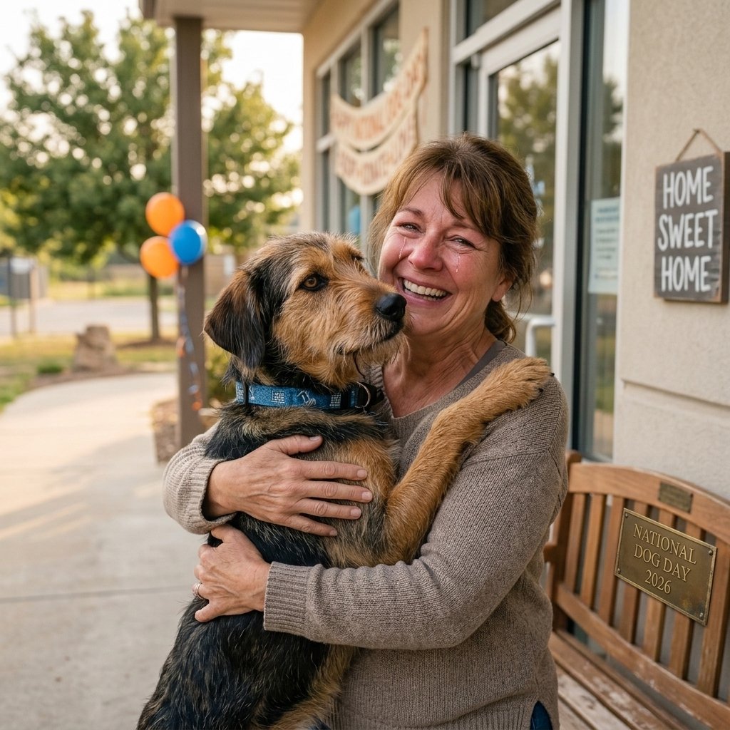 Person hugging their newly adopted rescue dog to celebrate National Dog Day 2026