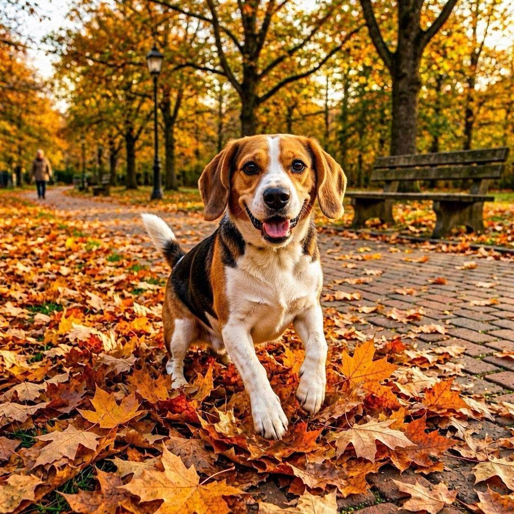 Beagle playing in pile of orange autumn leaves