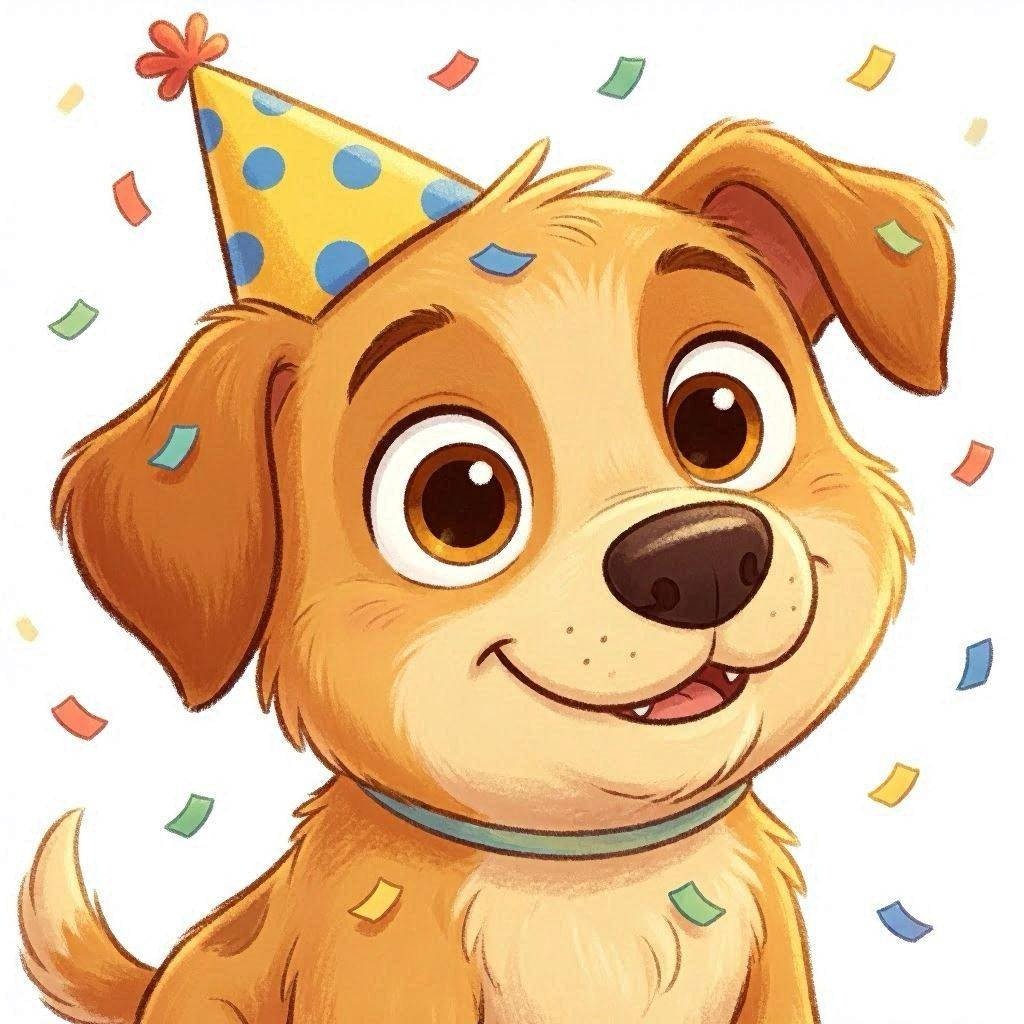 Cartoon dog wearing birthday hat with confetti