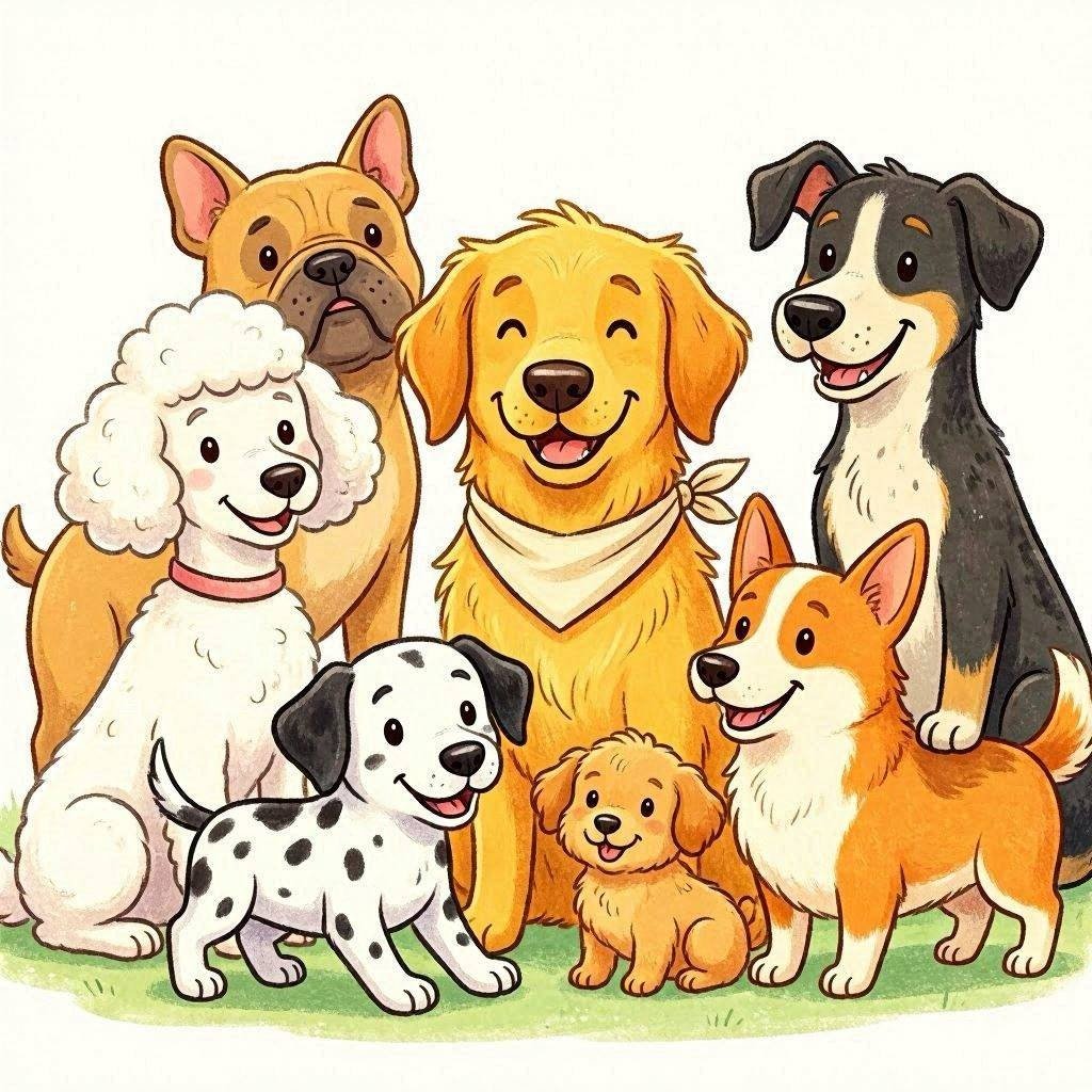 Cartoon dog family different breeds smiling illustration