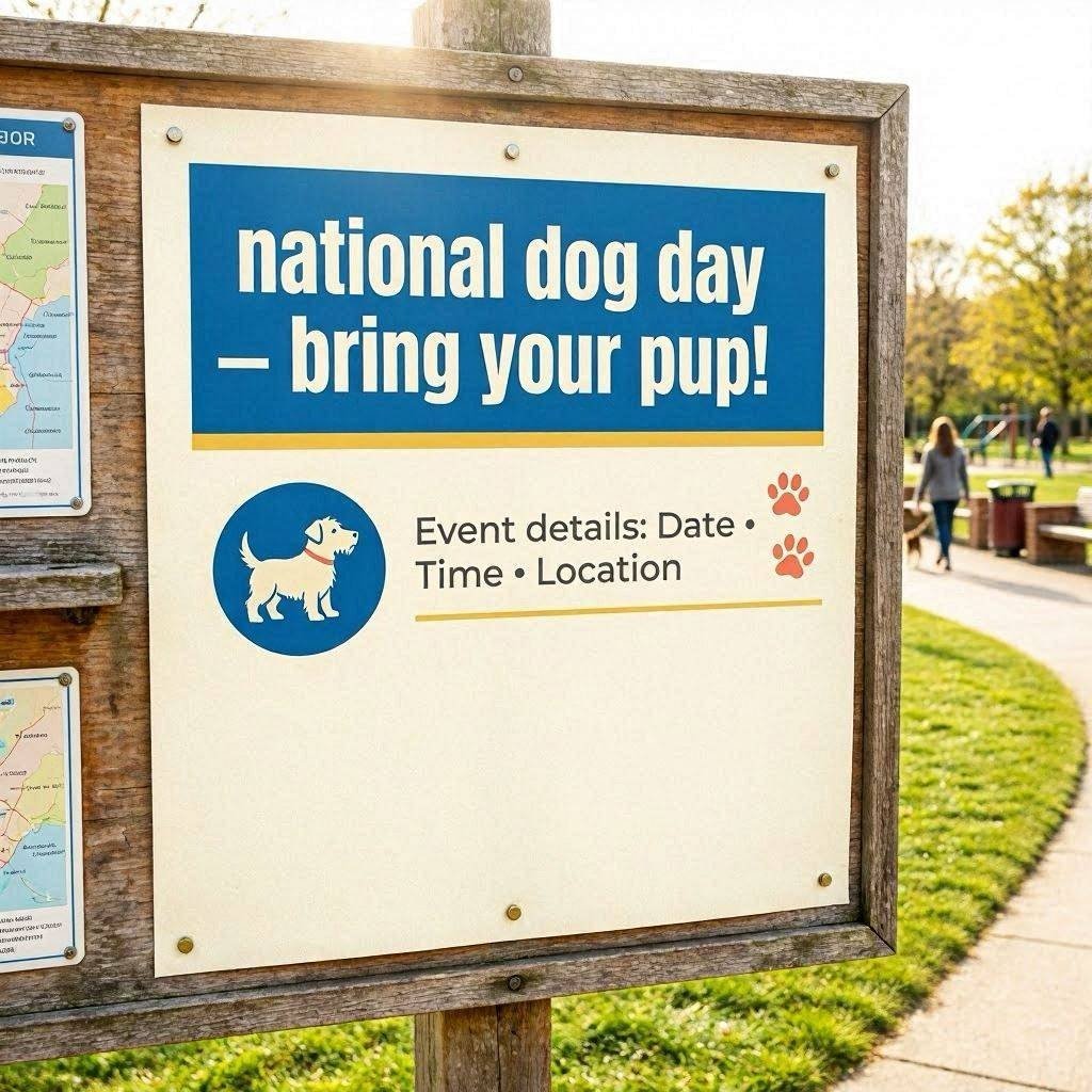 Community bulletin board National Dog Day event sign