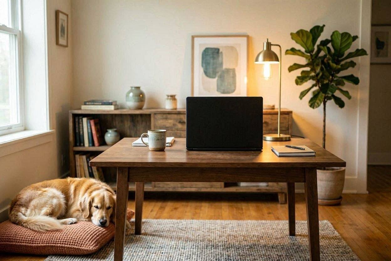 Cozy home office with dog Zoom virtual background
