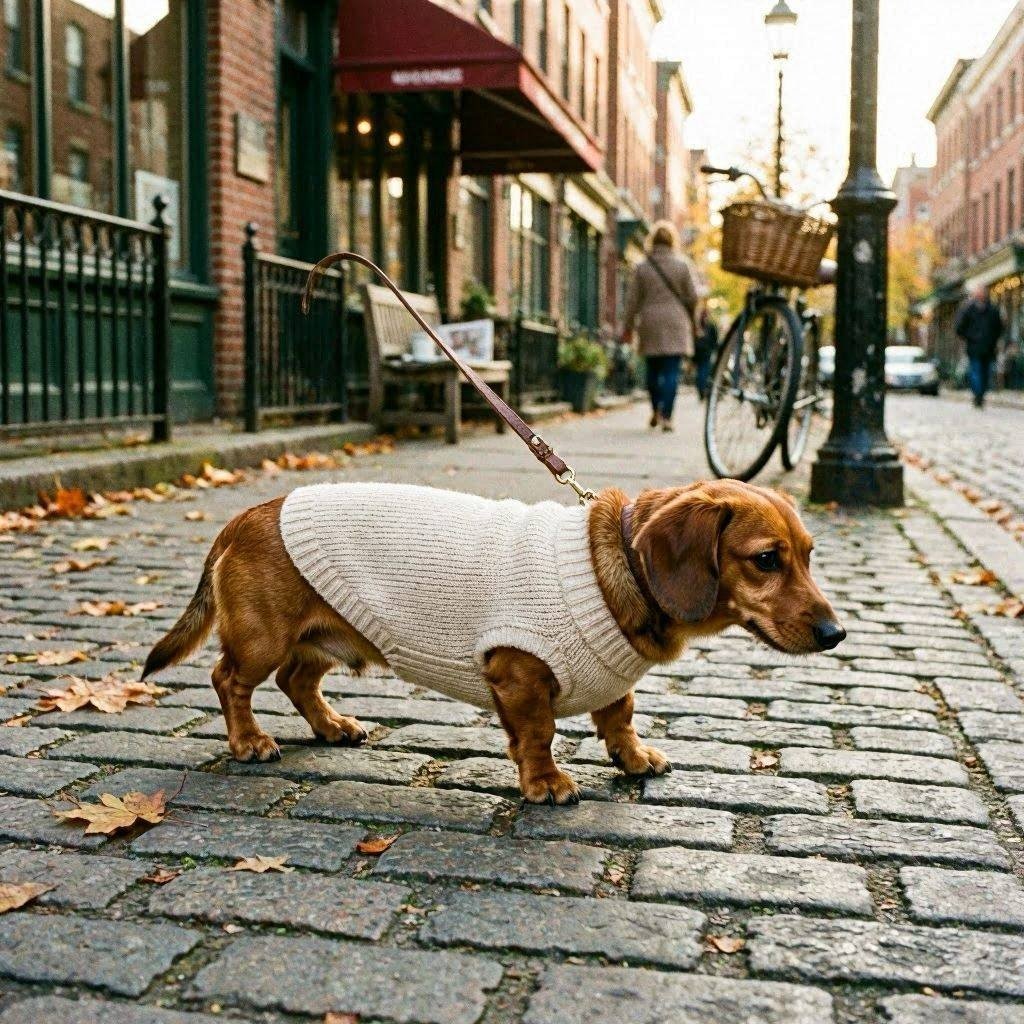 Miniature Dachshund walking on cobblestone street in sweater