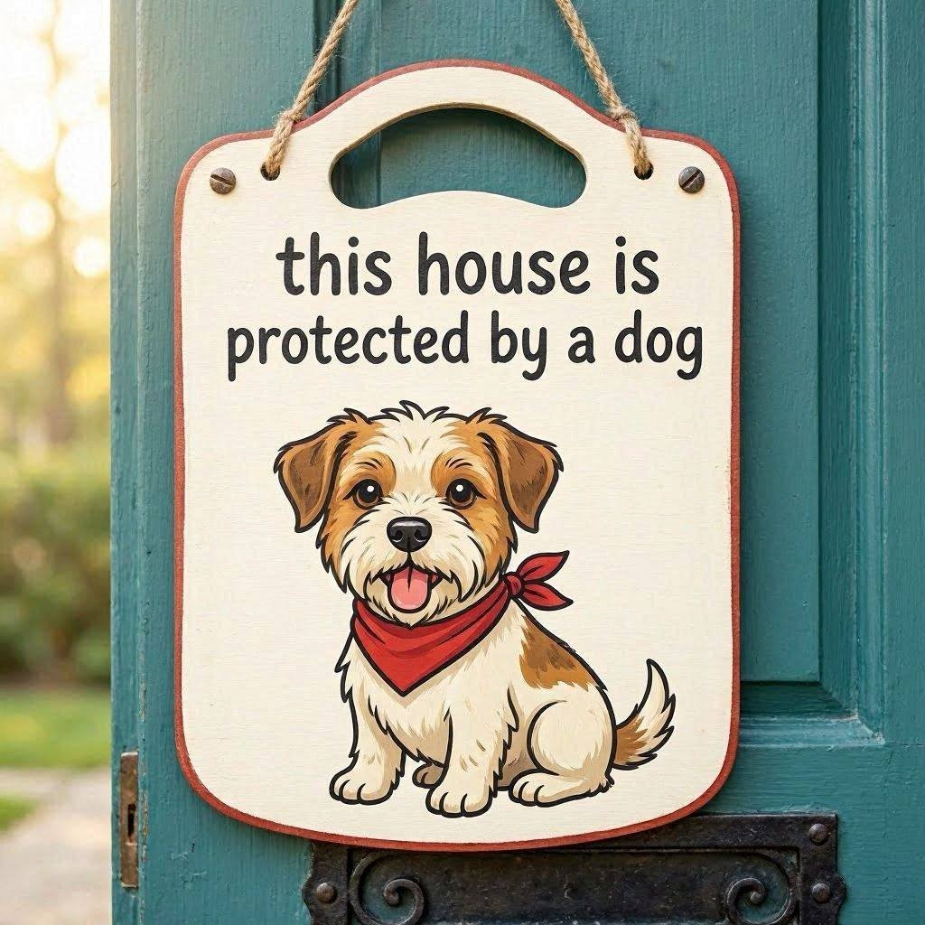 Protected by a Dog household front door sign