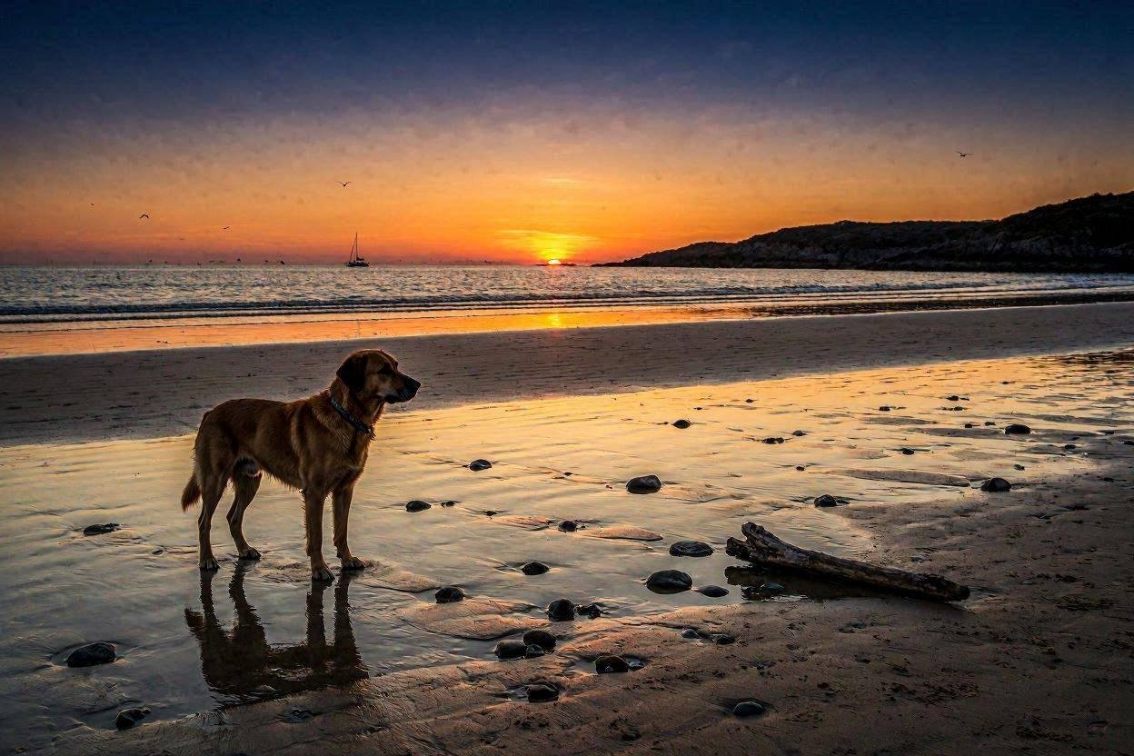 Dog silhouette on beach at sunset desktop wallpaper