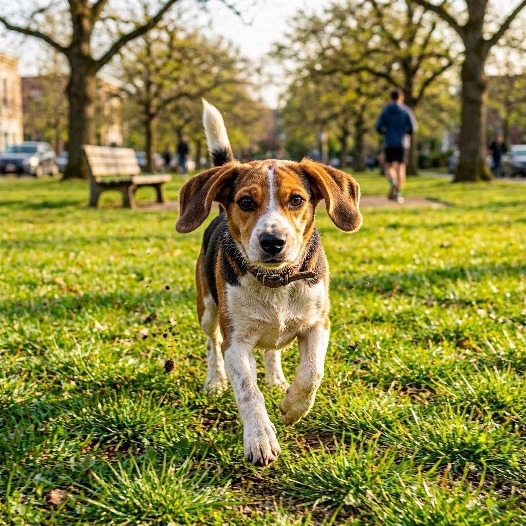 Beagle running joyfully toward camera action frame