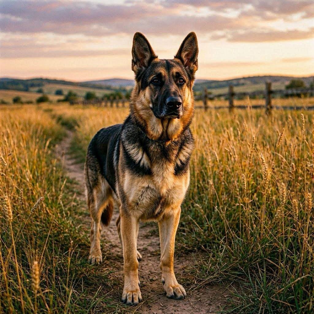 Majestic German Shepherd standing in open field at sunset