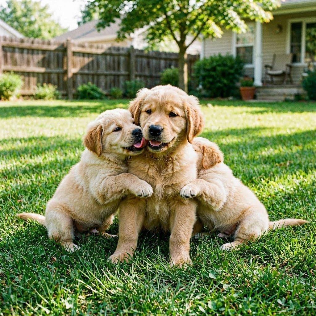 Three golden retriever puppies playing on grass