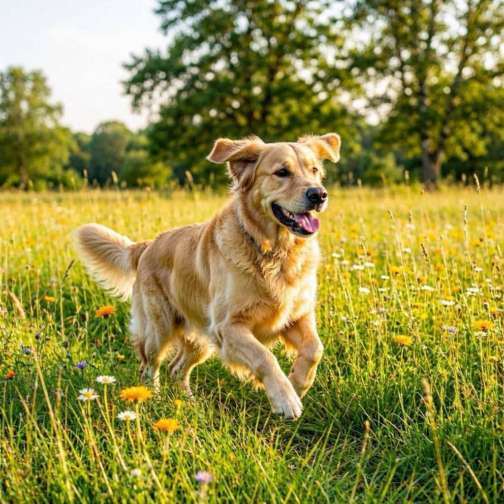 Golden retriever running joyfully in a sunny meadow — National Dog Day 2026 free image download
