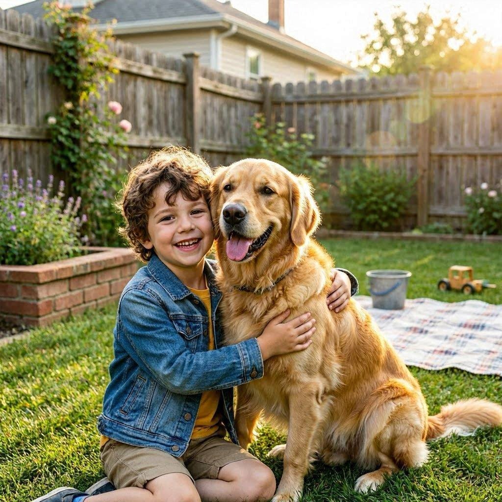 Happy child hugging golden retriever in sunlit backyard