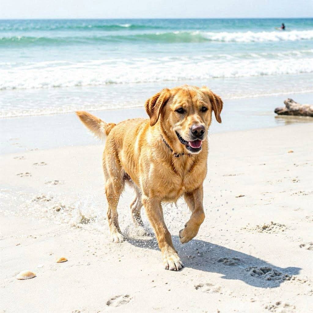 Yellow Labrador running on beach with ocean waves