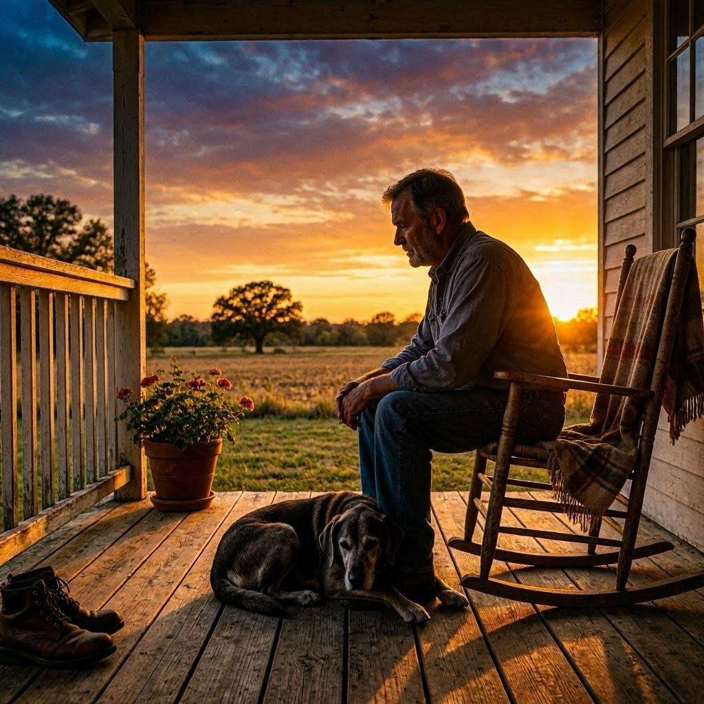 Middle-aged man sitting on porch with older dog at sunset