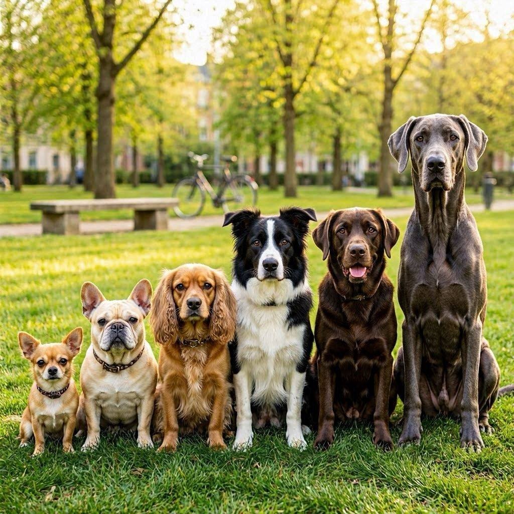 Group portrait of six different dog breeds sitting together