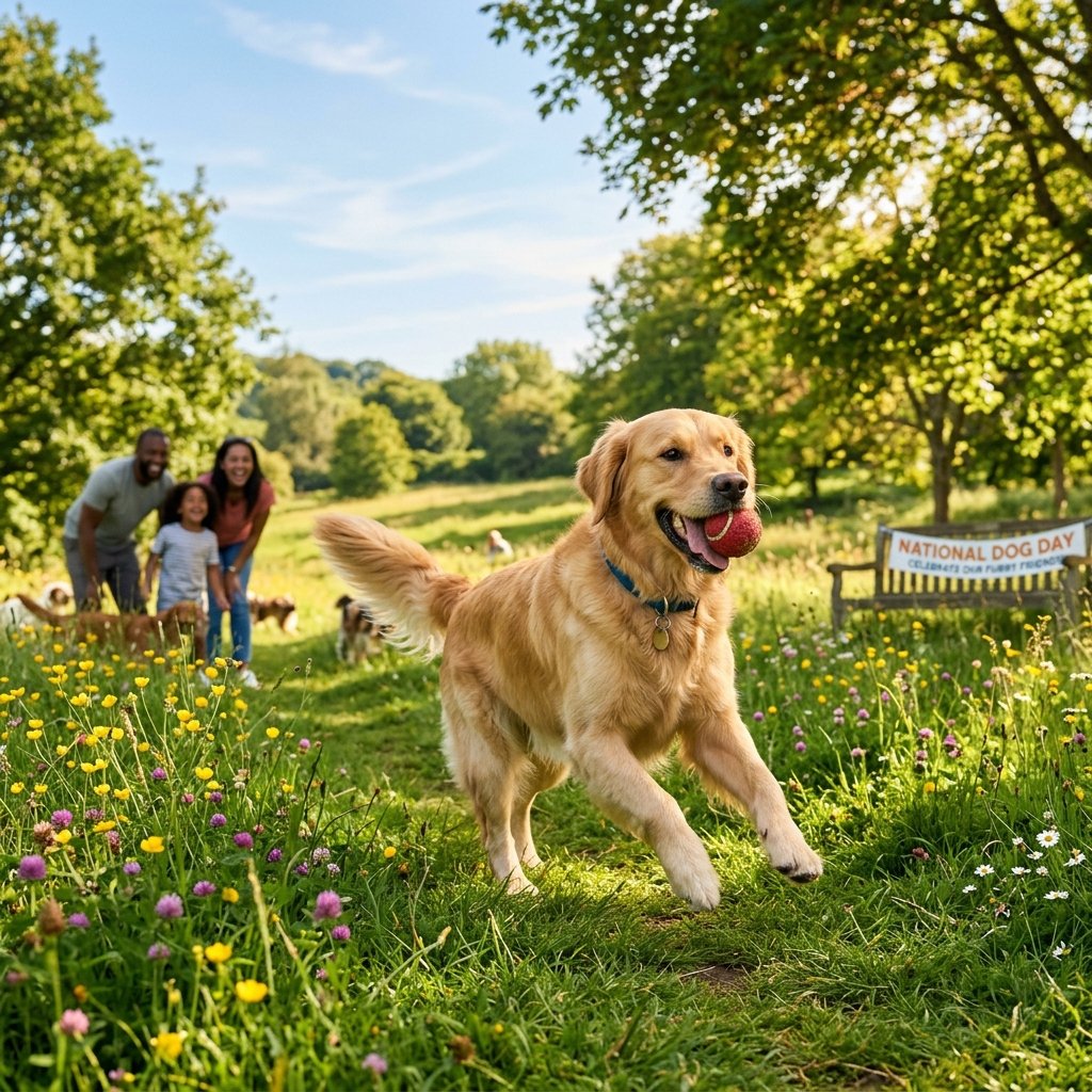 Golden retriever playing fetch in a sunny park on National Dog Day 2026 with family watching
