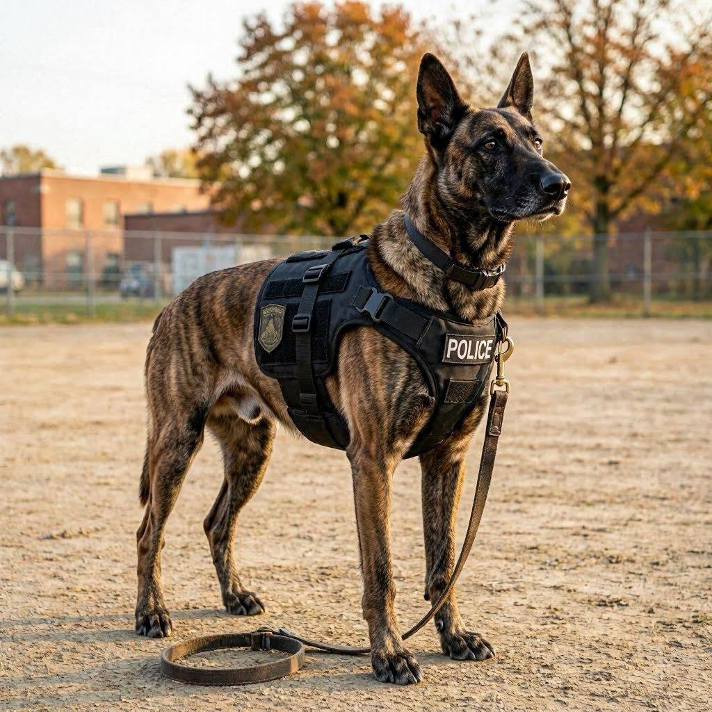 Belgian Malinois police K9 dog in tactical vest