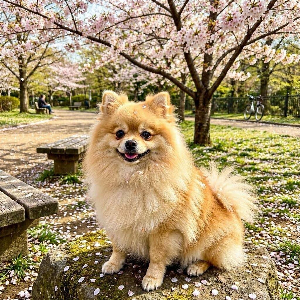 Fluffy Pomeranian sitting among pink cherry blossoms