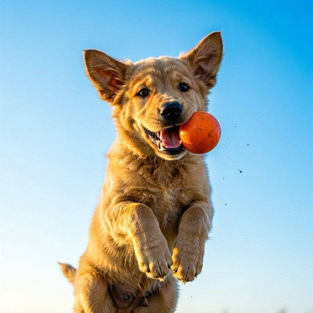 Puppy mid-jump catching a ball action frame