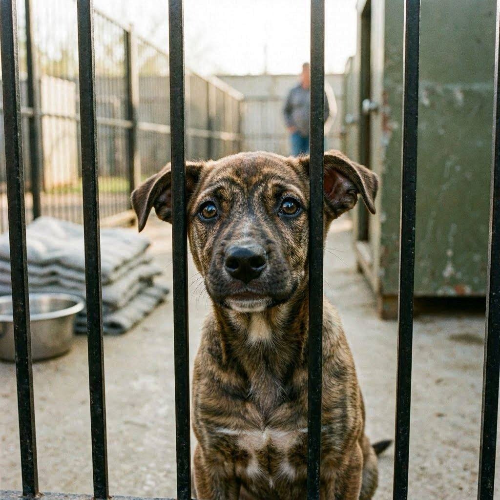 Adorable rescue puppy peeking through shelter fence