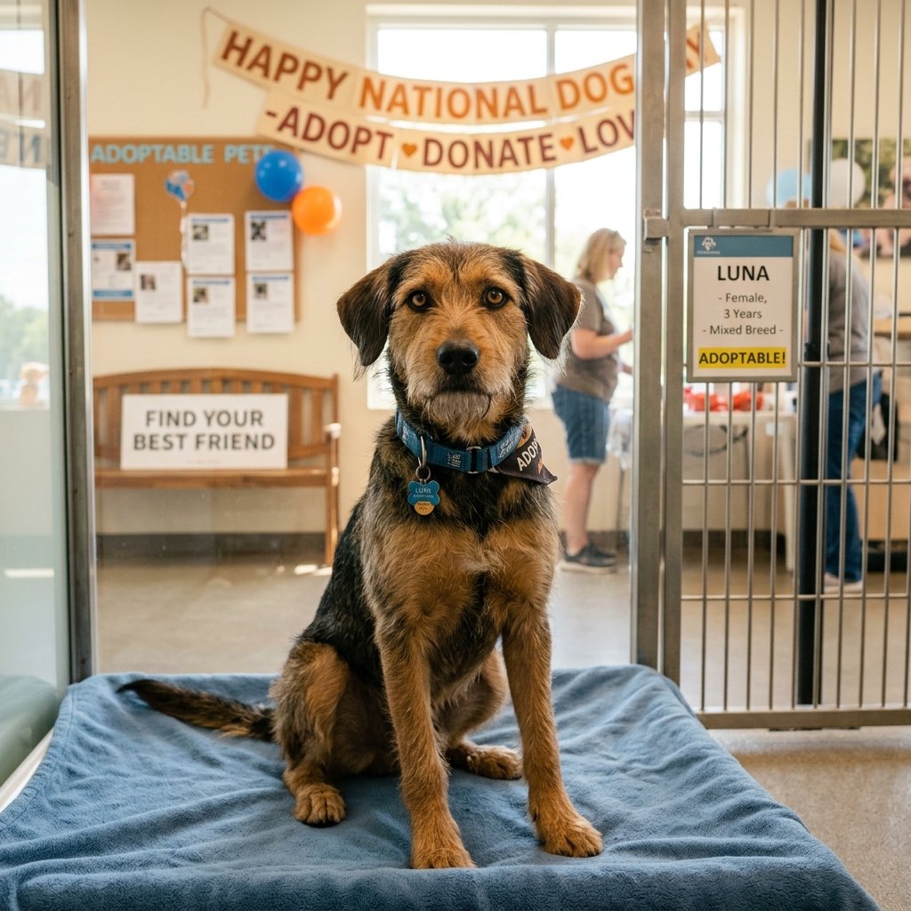 Rescue dog waiting for adoption at a US shelter on National Dog Day