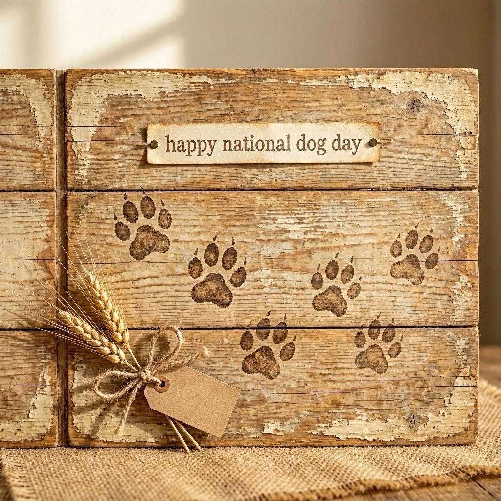 Rustic wooden background Happy National Dog Day card