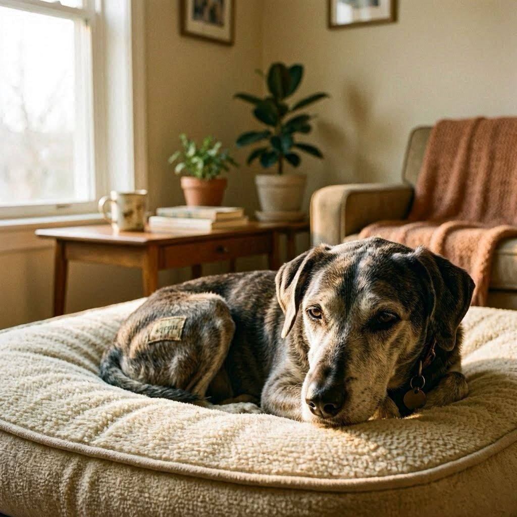 Grey-muzzled senior rescue dog resting peacefully