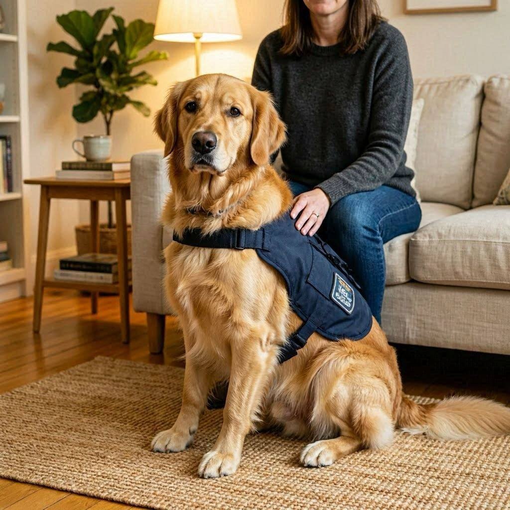 Golden retriever service dog wearing vest beside person