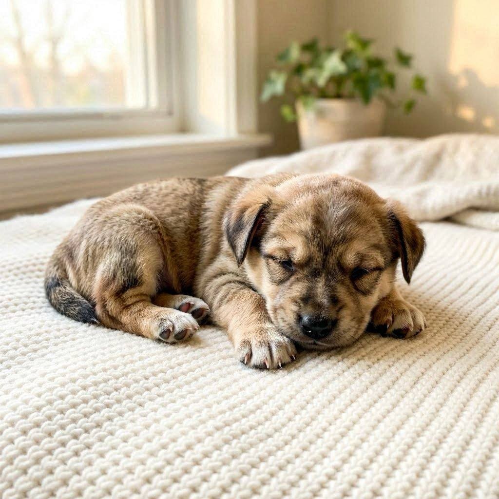 Tiny puppy sleeping peacefully on white blanket