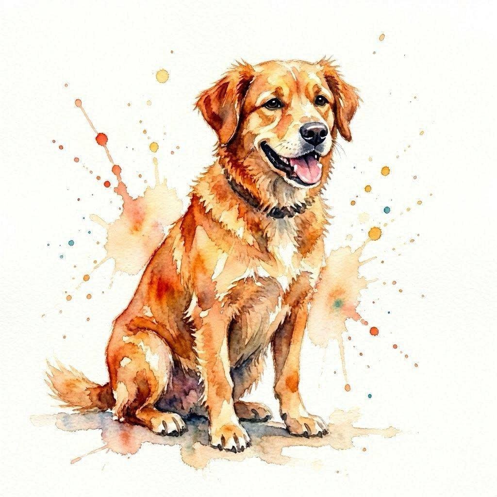 Loose watercolor painting of happy dog with splashes