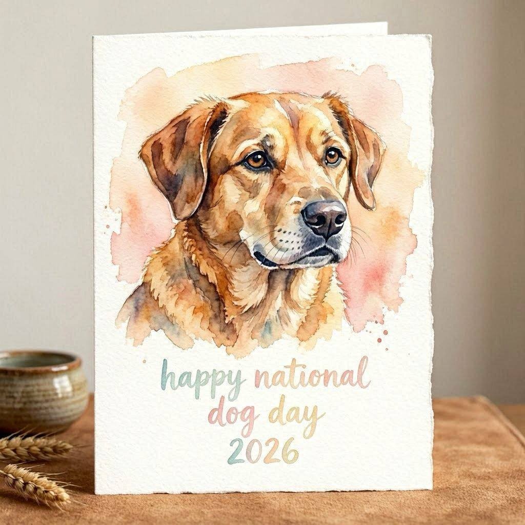 Watercolor style Happy National Dog Day illustrated card